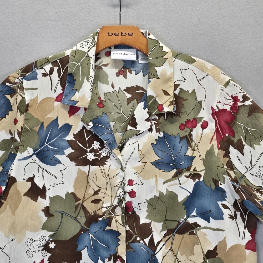 Alfred Dunner Blouse Top 14 Floral Leaf Button Up Short Sleeve Collar Crepe - Picture 3 of 10